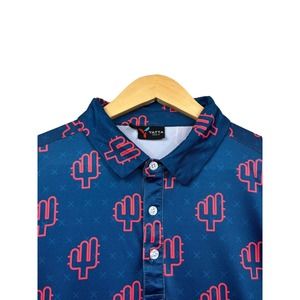 Yatta Golf Shirt Mens M Blue Polo All Over Print Cactus Performance Stretch